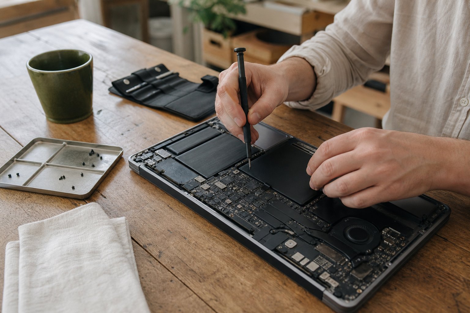 Technicus repareert een geopende laptop aan een houten werkbank