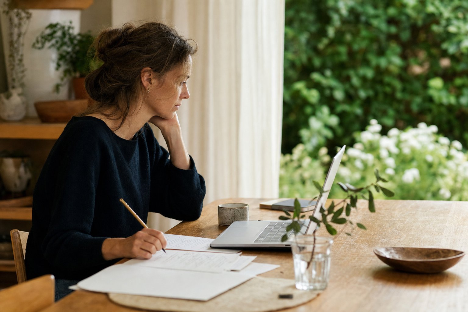Redacteur schrijft notities naast een laptop aan een lichte houten tafel bij het raam