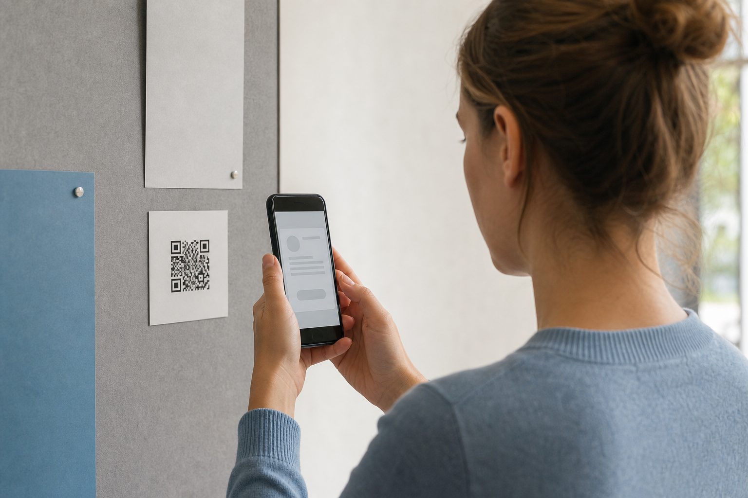 Persoon bekijkt met een smartphone het linkvoorbeeld van een QR-code op een prikbord