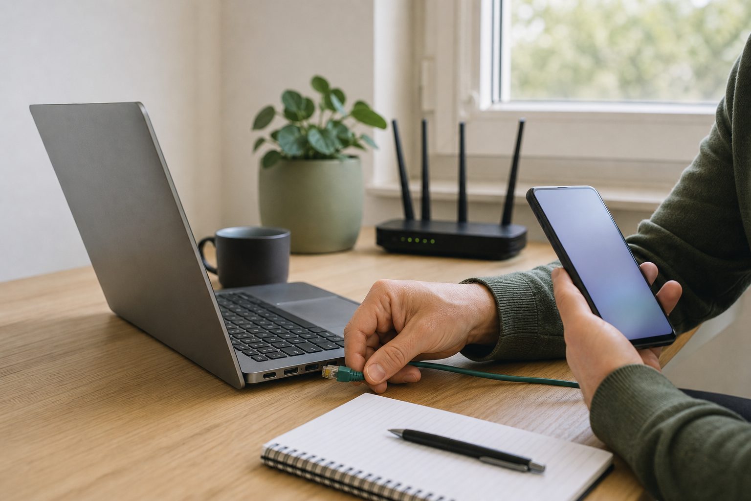 Persoon koppelt een netwerkkabel los van een laptop en gebruikt een andere telefoon voor hulp