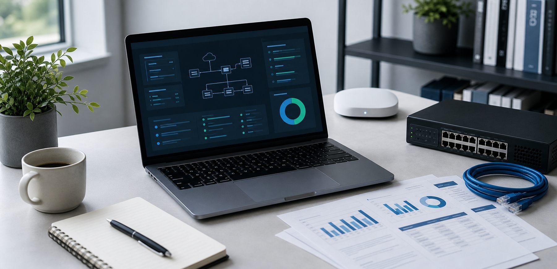 Laptop, router en netwerkkabels op een lichte werktafel met planten