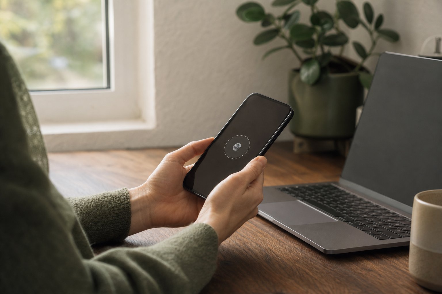 Persoon ontgrendelt een telefoon met vingerafdruk naast een laptop op een houten bureau